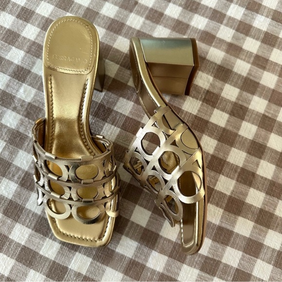 NWOTIB Salvatore Ferragamo Gancini Gold Cutout Mule Heeled Sandals - Picture 15 of 16